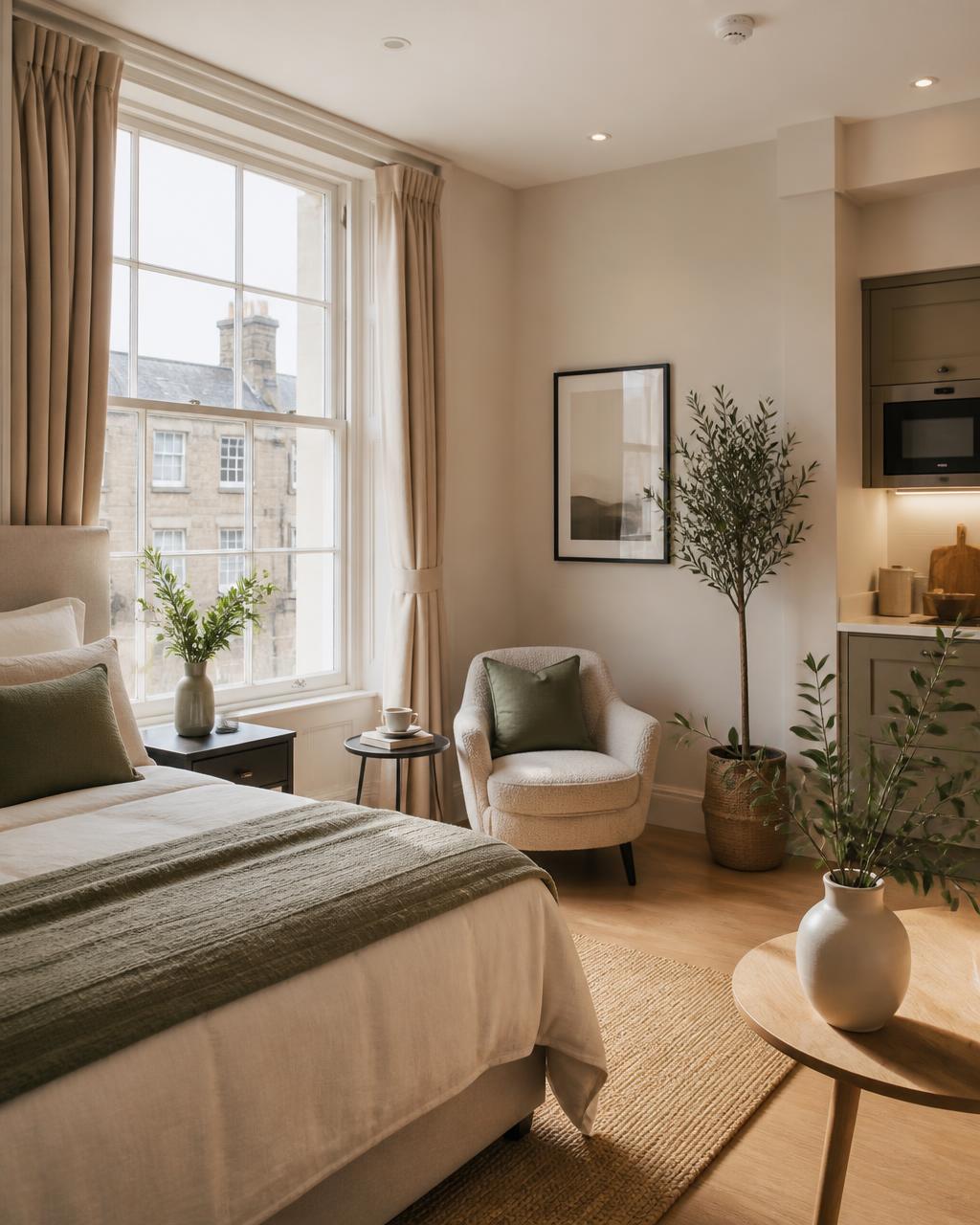 A premium studio apartment short-let interior with warm neutral tones and natural light